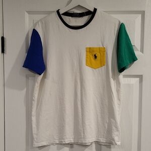 Ralph Lauren White Tee with Yellow Pocket and Colorful Sleeves